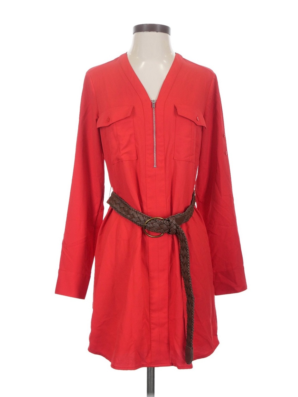 Express Red Zip-Front dress with Braided Brown Belt